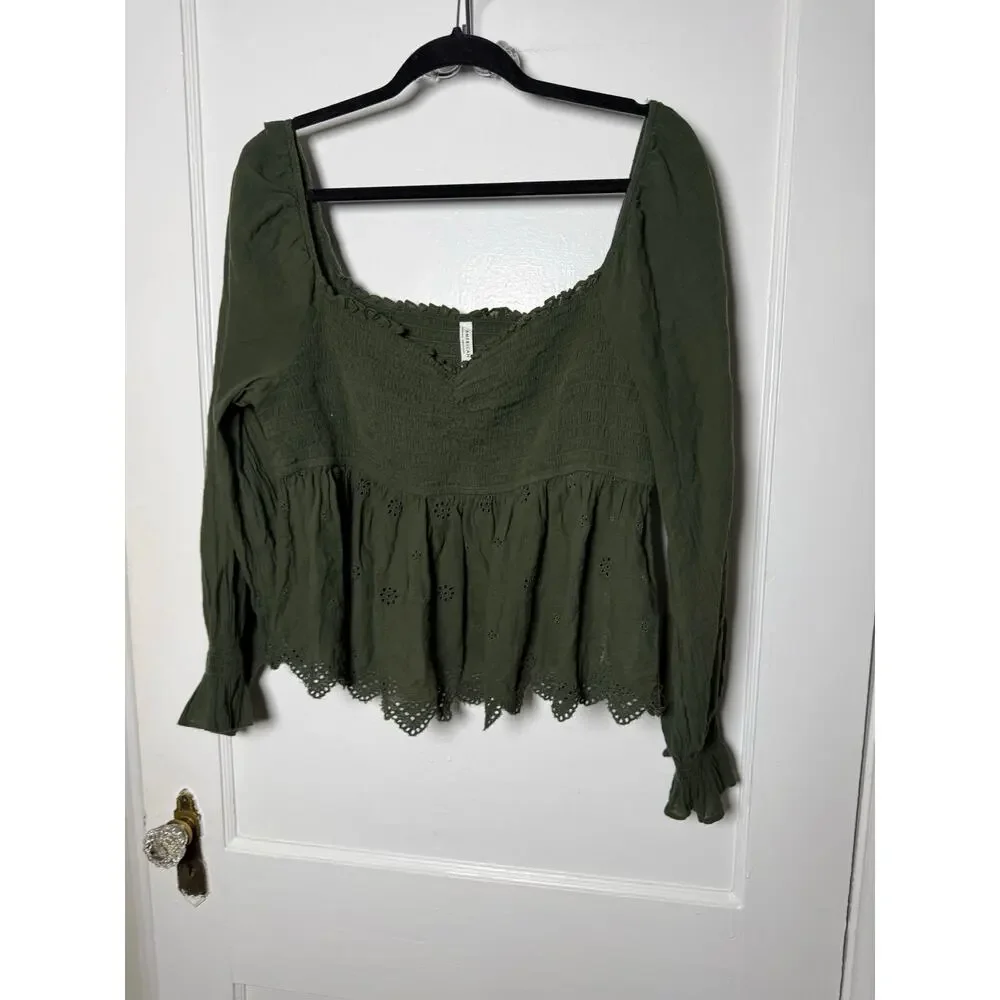 American Eagle Olive Green Smocked Boho Coastal Cowgirl Peplum Peasant Top XL - Picture 2 of 9